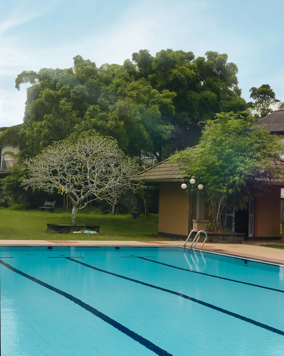 Lap pool with marked lanes beside the club house